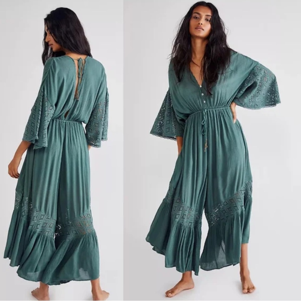 Angela Jumpsuit Dried Pine Crochet Jumper S Evergreen Firest Green Flowy - Picture 14 of 15